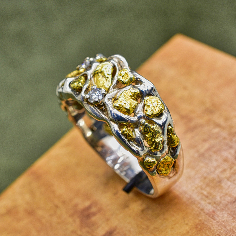 Sterling Silver and Natrual Nugget Ring with .16 ct in Diamonds