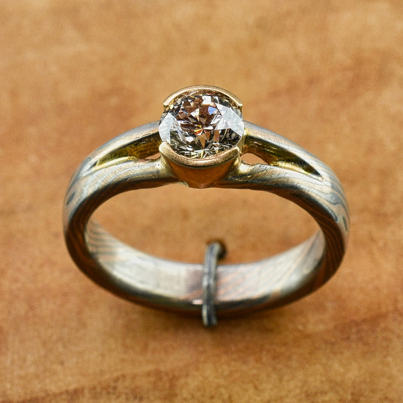 Custom Mokume Band and Head with .735 ct Natural Light Pink/Brown Diamond