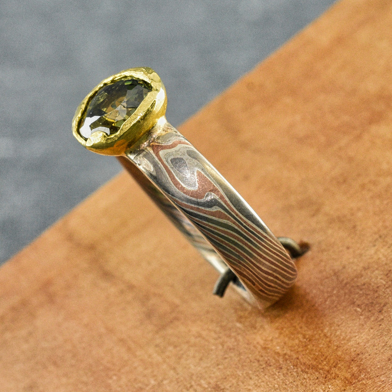 Custom Mokume Band and Head with 1.30 ct Demantoid Garnet