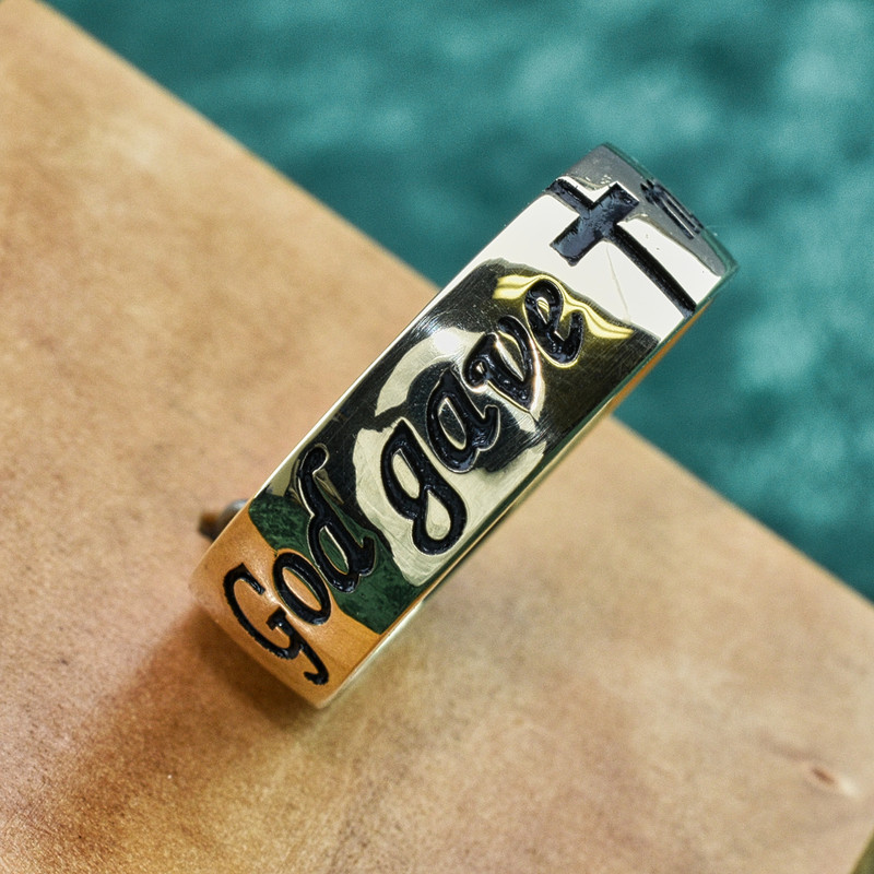 14k Yellow Gold Mens Antiqued Band, Deeply Embossed with "God gave me you" and Cross