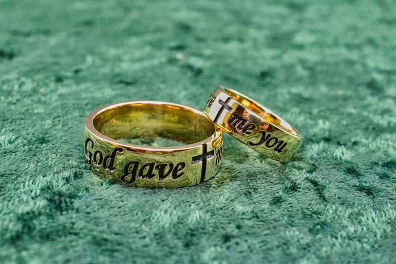 14k Yellow Gold Mens Antiqued Band, Deeply Embossed with "God gave me you" and Cross