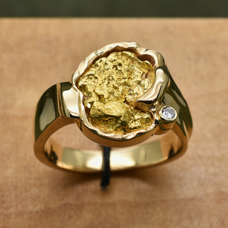 14K Yellow Large Freeform Bezel Ring with Natural Nugget and .05 CT Diamond