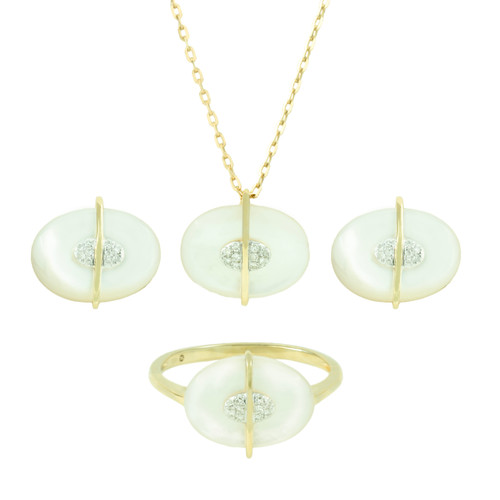 18K Yellow Gold Diamond Oval Mother of Pearl Pendant Set