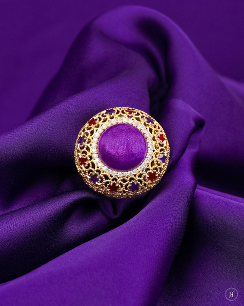 18K Yellow Gold Purple Khaleeji Statement Ring