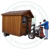 Assembled shed delivered on truck and rolled into position. Used around level gardens and drain fields.
