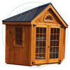 8 Foot 5 Side Cabana Stained And Assembled On Site. Standard Brown 3 Tab Shingles. 2- 30'' Doors With Lock 2- 18'' x 36'' Fixed Wood Windows. Shed Description From The Ground Up. Floor is Built From Treated 2 x 4's On 16'' Centers Topped With 5/8 Plywood. Shed Walls Are 76.5'' High Framed On 24'' Centers And Clad in 1'' Pine Board And Batten. Roof Rafters Are 2 x 4's on 24'' Center And Sheeted with 1/2 Plywood. Roof Shingled With ICO 15 Year Shingles. Inside Shed Height is 108'' High. The Stain is Sansin SDF formula - Autumn gold # 16.  
