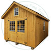 12' Wide x 16' Deep Chalet Stained Garden Shed. Standard Brown 3 Tab Shingles. Shed has 2 - 30'' French Doors and 2 - 18'' x 36'' Operating Windows. 1 - 12'' x 14'' Window in Gable. Shed Description From The Ground Up. Floor is Built From Treated 2 x 4's On 16'' Centers Topped With 5/8 Plywood. Shed Walls Are 76.5'' High Framed On 24'' Centers And Clad in 1'' Pine Board And Batten. Roof Rafters Are 2 x 6's on 24'' Center And Sheeted with 1/2 Plywood. Roof Shingled With ICO 15 Year Shingles. Inside Shed Height is 108'' High. The Stain is Sansin SDF formula - Autumn gold # 16. 

