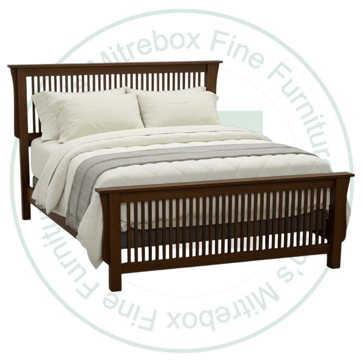 Oak Queen Mission Spindle Bed. Bed has a 52'' Headboard and 32'' Footboard. Bed Dimensions 69'' Wide x 87.5'' Deep x 52'' High. ( Texture : Smooth. )
