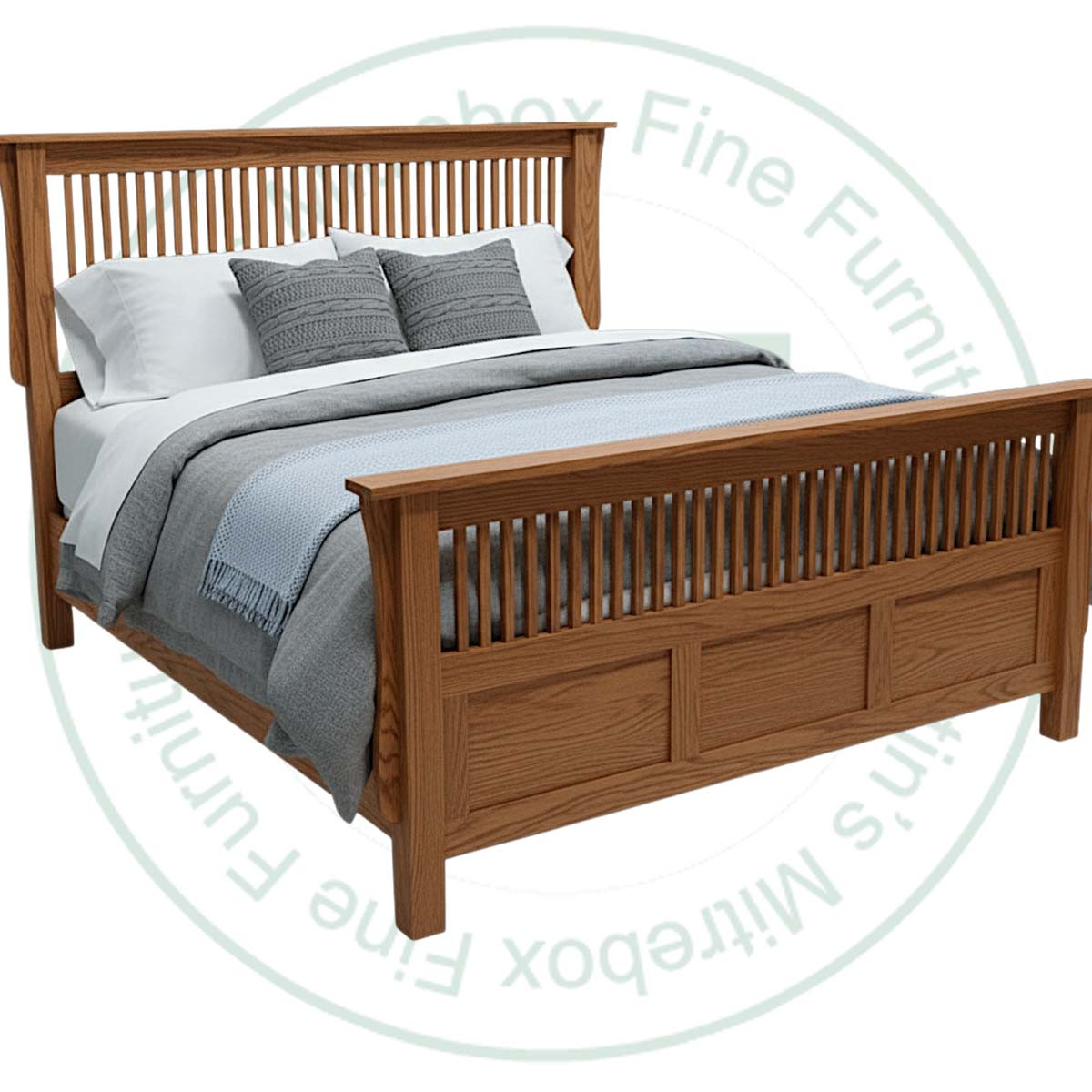 Wormy Maple Mission Split Panel Footboard Queen Bed. Bed has a 52'' Headboard and 32'' Footboard. Bed Dimensions 69'' Wide x 87.5'' Deep x 52'' High. ( Texture : Smooth. )
