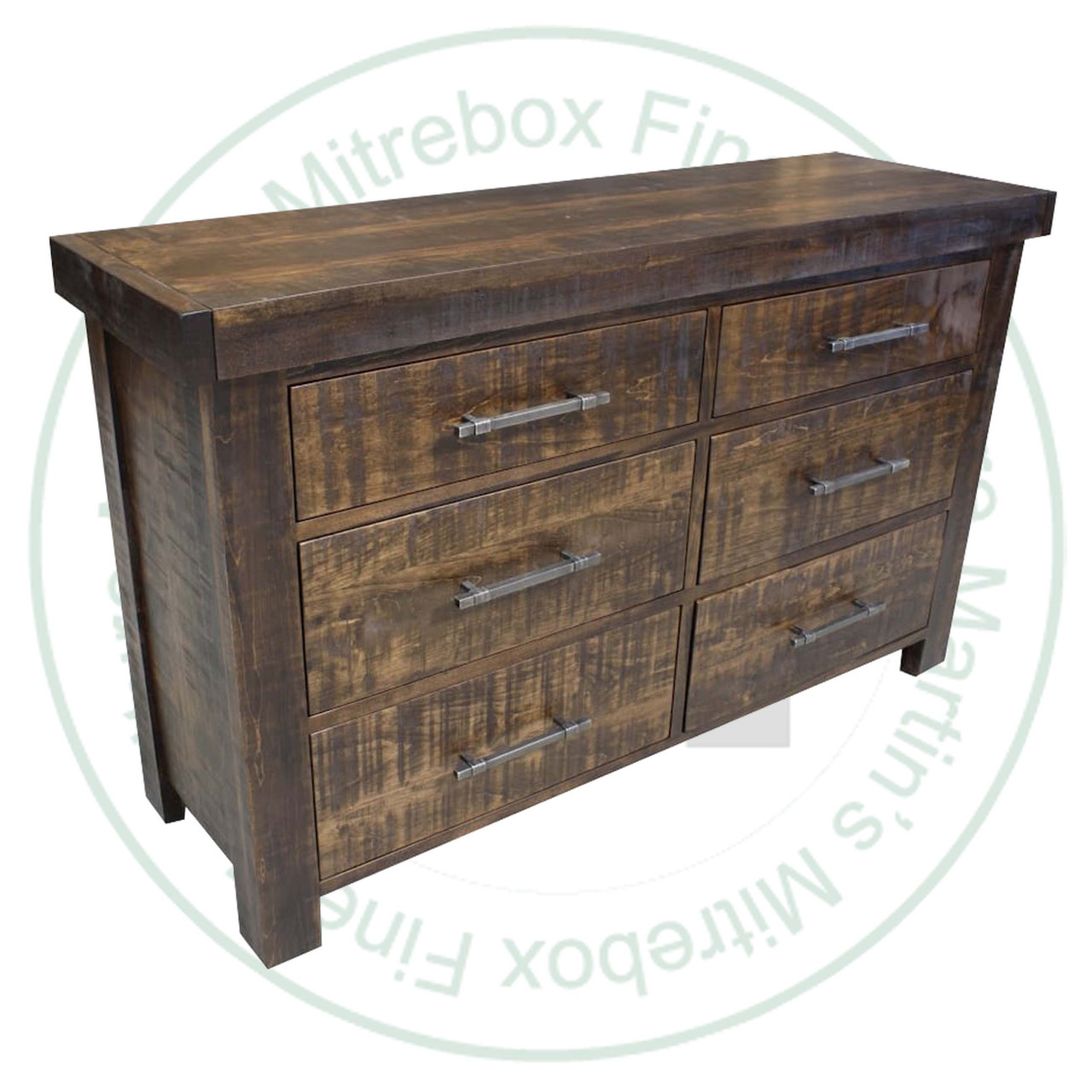 Wormy Maple Millwright 6 Drawer Dresser. Dresser Dimensions 19'' Deep x 60'' Wide x 36'' High. ( Texture : Mill sawn. Hardware : 218 Pulls. )
