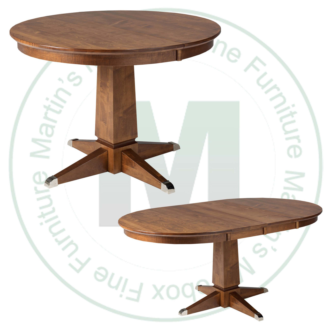 Wormy Maple Danish Single Pedestal Table 36''D x 42''W x 30''H With 2 - 12'' Leaves