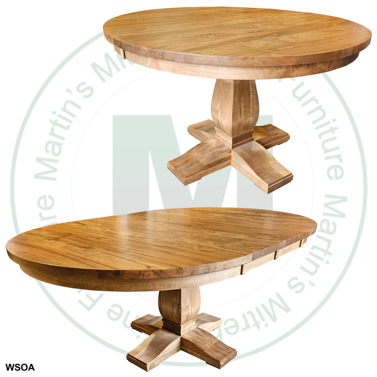 Wormy Maple Valencia Single Pedestal Table 54''D x 54''W x 30''H With 2 - 12'' Leaves Table