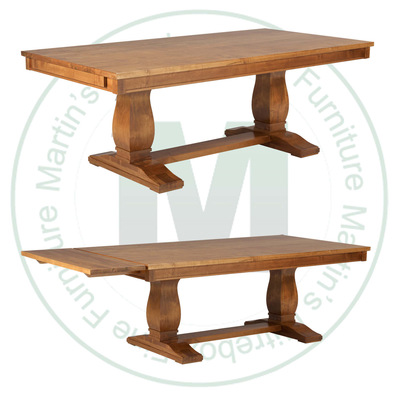 Maple Madrid Solid Top Double Pedestal Table 48''D x 96''W x 30''H With 2 - 16'' Leaves On End Table Has 1.25'' Thick Top