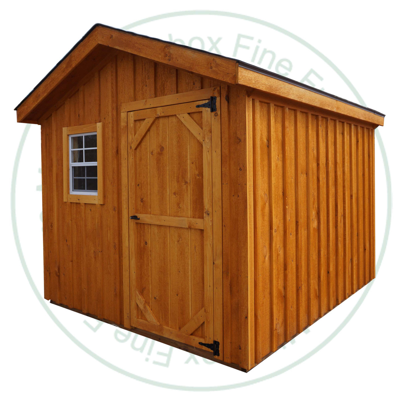 8' Wide x 12' Deep Garden Gable Stained Garden Shed. Standard Brown 3 Tab Shingles. 1- 34'' Door With Lock. 1- 18'' x 24'' Operating Window With Screen. Shed Description From The Ground Up. Floor is Built From Treated 2 x 4's On 16'' Centers Topped With 5/8 Plywood. Shed Walls Are 76.5'' High Framed On 24'' Centers And Clad in 1'' Pine Board And Batten. Roof Rafters Are 2 x 4's on 24'' Center And Sheeted with 1/2 Plywood. Roof Shingled With ICO 15 Year Shingles. Inside Shed Height is 97'' High. The Stain is Sansin SDF formula - Autumn gold # 16. 
