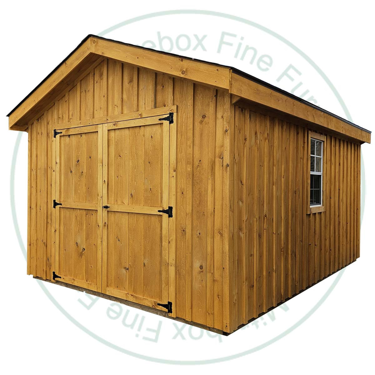 10' Wide x 16' Deep Garden Gable Stained Garden Shed. Standard Brown 3 Tab Shingles. 2- 30'' Doors With Lock 2- 24'' x 36'' Operating Windows With Screens. Shed Description From The Ground Up. Floor is Built From Treated 2 x 4's On 16'' Centers Topped With 5/8 Plywood. Shed Walls Are 76.5'' High Framed On 24'' Centers And Clad in 1'' Pine Board And Batten. Roof Rafters Are 2 x 6's on 24'' Center And Sheeted with 1/2 Plywood. Roof Shingled With ICO 15 Year Shingles. Inside Shed Height is 97'' High. The Stain is Sansin SDF formula - Autumn gold # 16. 
