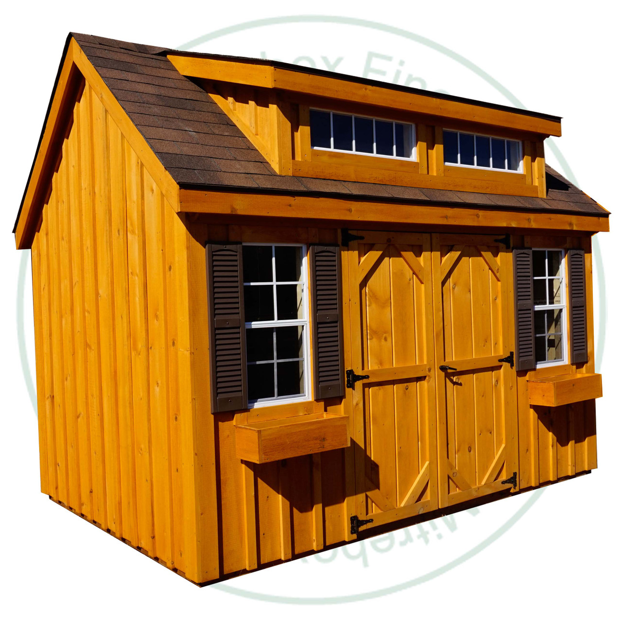 8' Deep x 12' Wide Mapleton Stained Garden Shed. Standard Brown 3 Tab Shingles. Shed has 2 - 30'' Doors and 2 - 18'' x 36'' Windows. 3 Fixed upper Windows. Shed Description From The Ground Up. Floor is Built From Treated 2 x 4's On 16'' Centers Topped With 5/8 Plywood. Shed Walls Are 76.5'' High Framed On 24'' Centers And Clad in 1'' Pine Board And Batten. Roof Rafters Are 2 x 4's on 24'' Center And Sheeted with 1/2 Plywood. Roof Shingled With ICO 15 Year Shingles. Inside Shed Height is 108'' High. The Stain is Sansin SDF formula - Autumn gold # 16. 
