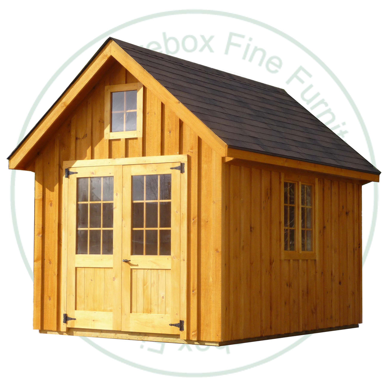 8' Wide x 12' Deep Chalet Stained Garden Shed. Standard Brown 3 Tab Shingles. Shed has 2 - 30'' French Doors and 2 - 18'' x 36'' Operating Windows. 1 - 12'' x 14'' Window in Gable. Shed Description From The Ground Up. Floor is Built From Treated 2 x 4's On 16'' Centers Topped With 5/8 Plywood. Shed Walls Are 76.5'' High Framed On 24'' Centers And Clad in 1'' Pine Board And Batten. Roof Rafters Are 2 x 4's on 24'' Center And Sheeted with 1/2 Plywood. Roof Shingled With ICO 15 Year Shingles. Inside Shed Height is 108'' High. The Stain is Sansin SDF formula - Autumn gold # 16. 
