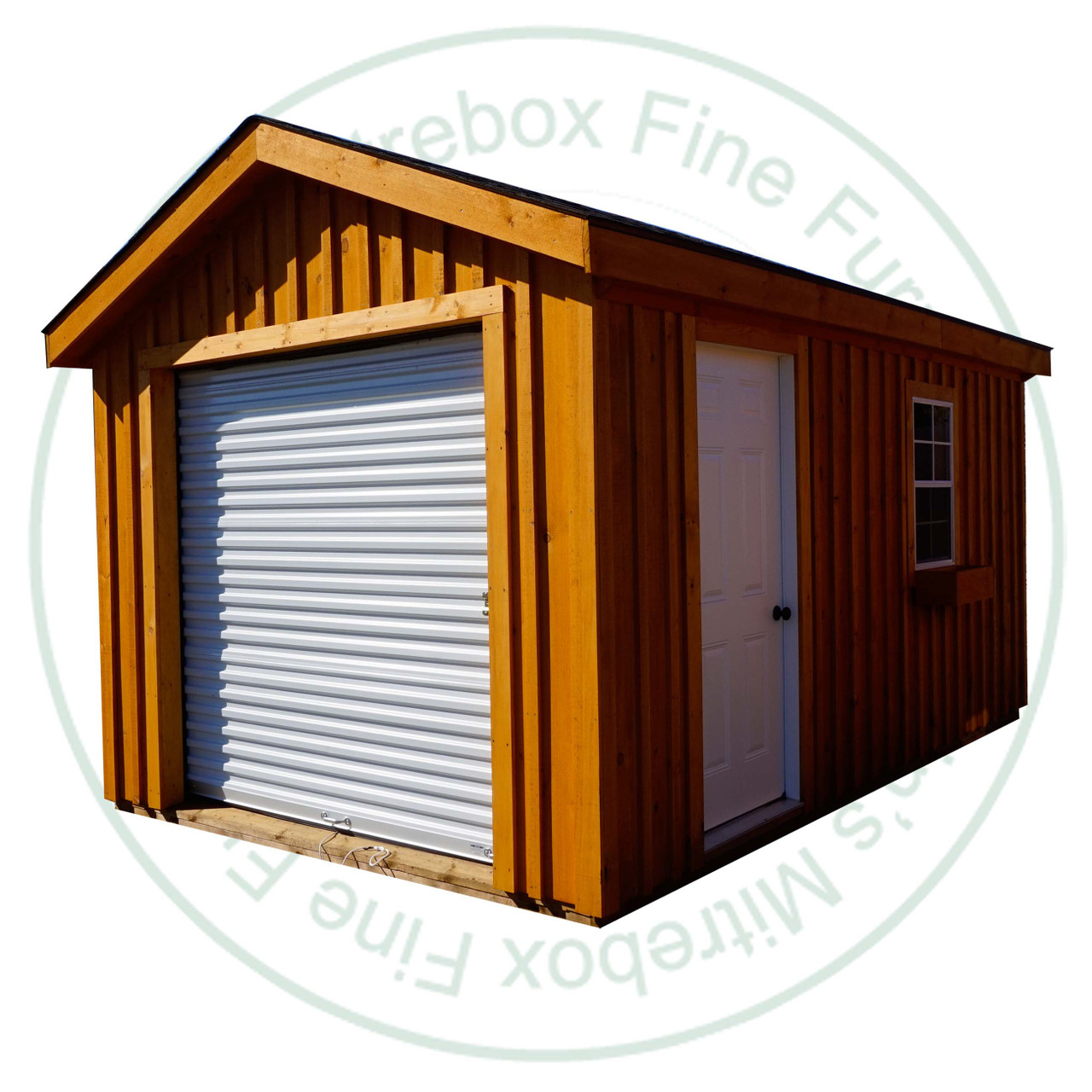 12' Wide x 16' Deep Overhead Door Stained Garden Shed. Standard Brown 3 Tab Shingles. 1- 34'' Door With Lock 1- 18'' x 24'' Operating Window With Screen. Shed Description From The Ground Up. Floor is Built From Treated 2 x 4's On 16'' Centers Topped With 5/8 Plywood. Shed Walls Are 96'' High Framed On 24'' Centers And Clad in 1'' Pine Board And Batten. Roof Rafters Are 2 x 6's on 24'' Center And Sheeted with 1/2 Plywood. Roof Shingled With ICO 15 Year Shingles. Overhead Door is 84'' High x 108''Wide. The Stain is Sansin SDF formula - Autumn gold # 16. 

