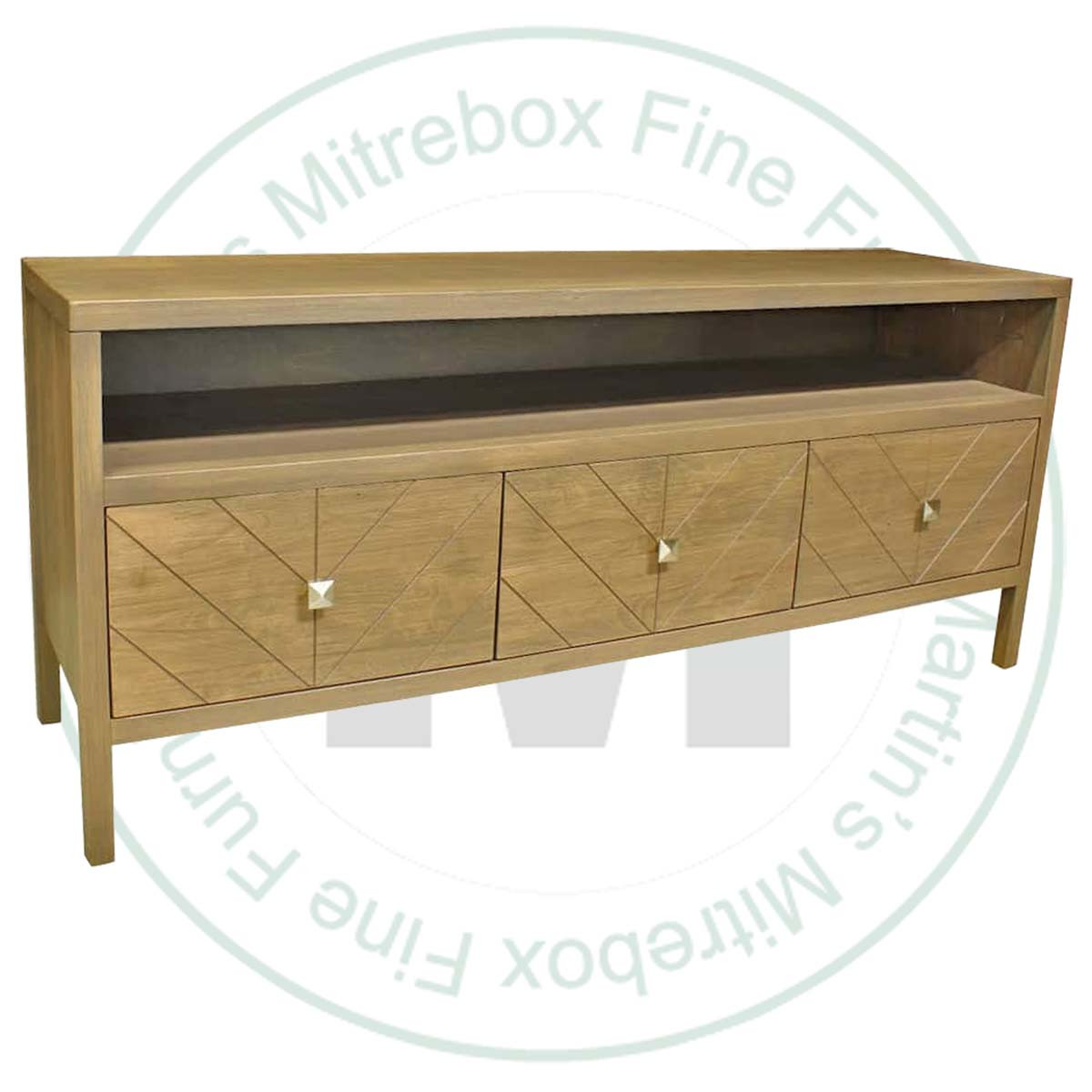 Maple Emile 3 Drawer Entertainment Unit. Entertainment Centre Dimensions 18'' Deep x 60'' Wide x 26'' High. Entertainment Unit has 1.25'' Thick Top. ( Texture : Smooth Sanded. Hardware : 112 Knobs. )
