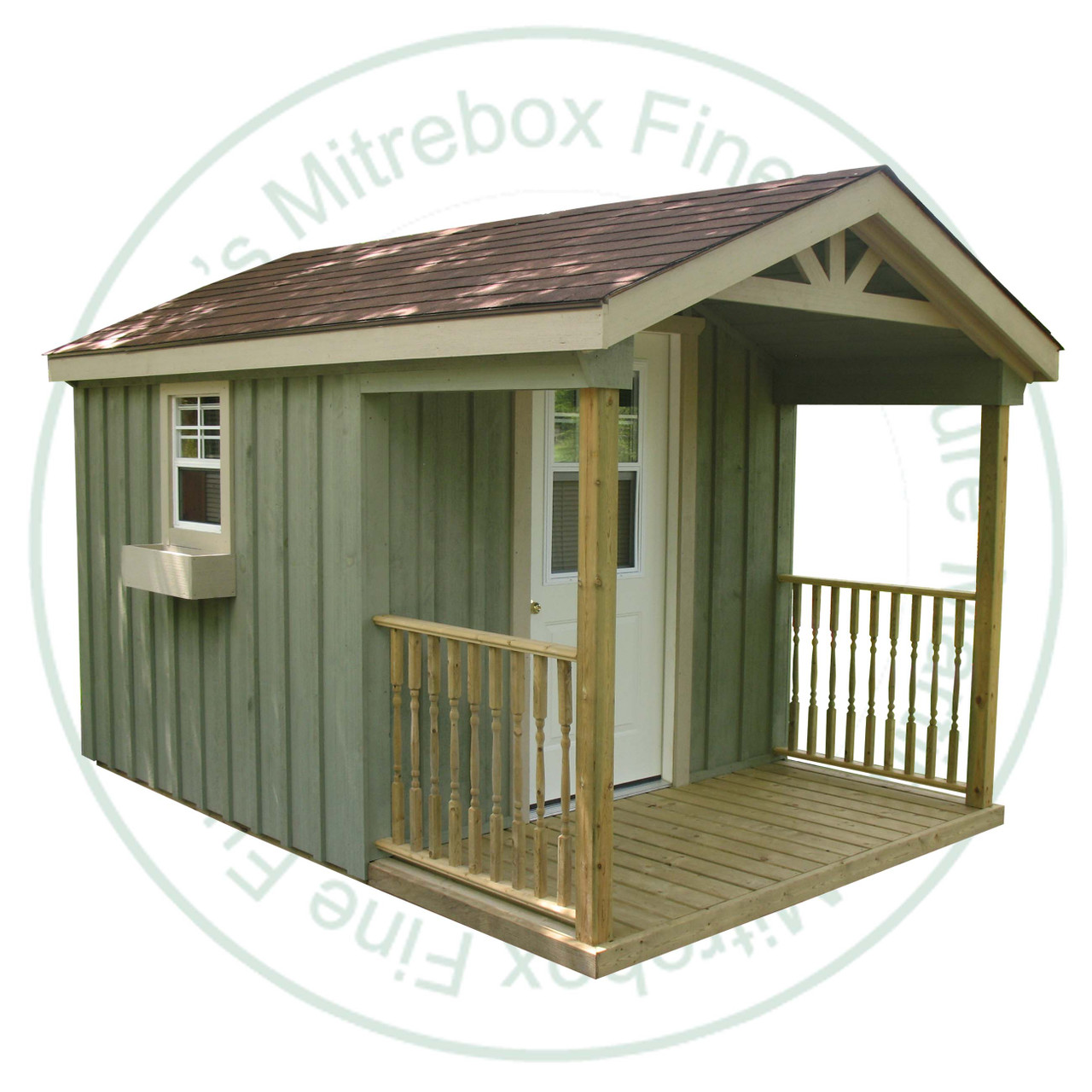 10' Deep x 10' Wide Western Stained Garden Shed. Standard Brown 3 Tab Shingles. 1 - 34'' Right Hung Steel Door With 9 Pane Window. 2 - 18'' x 24'' Operating Windows With Screens. 1 On Each Side Wall. Shed Description From The Ground Up. Floor is Built From Treated 2 x 4's On 16'' Centers Topped With 5/8 Plywood. Shed Front Wall Is 80'' High, Back And Side Walls Are 70.5'' High Framed On 24'' Centers And Clad in 1'' Pine Board And Batten. Roof Rafters Are 2 x 6's on 24'' Center And Sheeted with 1/2 Plywood. Roof Shingled With ICO 15 Year Shingles. Inside Shed Height is 95.5'' High. The Stain is Sansin SDF formula - Autumn gold # 16. 
