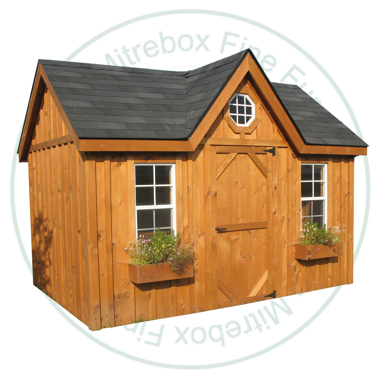 10' Deep x 10' Wide Victorian Stained Garden Shed. Standard Brown 3 Tab Shingles. 1- 34'' Door With Lock. 2- 18'' x 36'' Operating Windows With Screens. Shed Description From The Ground Up. Floor is Built From Treated 2 x 4's On 16'' Centers Topped With 5/8 Plywood. Shed Walls Are 76.5'' High Framed On 24'' Centers And Clad in 1'' Pine Board And Batten. Roof Rafters Are 2 x 6's on 24'' Center And Sheeted with 1/2 Plywood. Roof Shingled With ICO 15 Year Shingles. Inside Shed Height is 108'' High. The Stain is Sansin SDF formula - Autumn gold # 16. 

