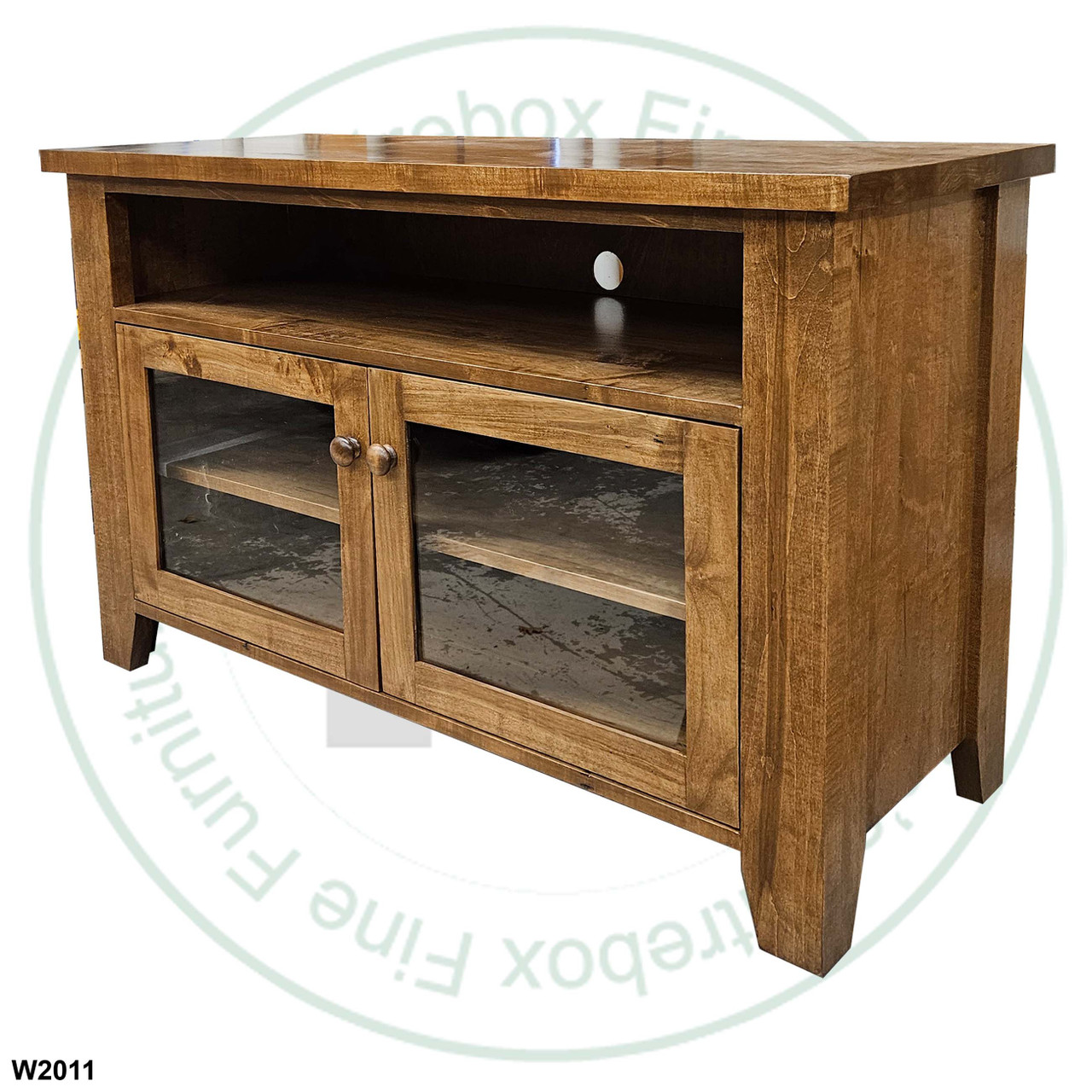 Pine Dakota 2 Glass Door TV Stand. Entertainment Centre Dimensions 19'' Deep x 48'' Wide  x 30'' High. Entertainment Unit has 1.25'' Thick Top and 1 Adjustable Shelf. ( Texture : Vintage with Saw marked Tops. Hardware : Wood Knobs. )

