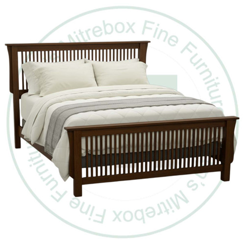 Oak Queen Mission Spindle Bed. Bed has a 52'' Headboard and 32'' Footboard. Bed Dimensions 69'' Wide x 87.5'' Deep x 52'' High. ( Texture : Smooth. )
