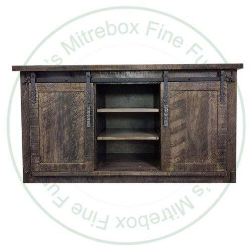 Pine Homestead 2 Barn Door TV Stand. Entertainment Centre Dimensions 18'' Deep x 60'' Wide x 30'' High. TV Stand has 6 Adjustable Shelves. ( Texture : Saw Marks. Hardware : 210 Pulls. )
