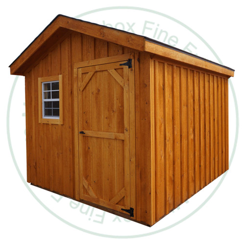 8' Wide x 10' Deep Garden Gable Stained Garden Shed. Standard Brown 3 Tab Shingles. 1- 34'' Door With Lock. 1- 18'' x 24'' Operating Window With Screen. Shed Description From The Ground Up. Floor is Built From Treated 2 x 4's On 16'' Centers Topped With 5/8 Plywood. Shed Walls Are 76.5'' High Framed On 24'' Centers And Clad in 1'' Pine Board And Batten. Roof Rafters Are 2 x 4's on 24'' Center And Sheeted with 1/2 Plywood. Roof Shingled With ICO 15 Year Shingles. Inside Shed Height is 97'' High. The Stain is Sansin SDF formula - Autumn gold # 16. 
