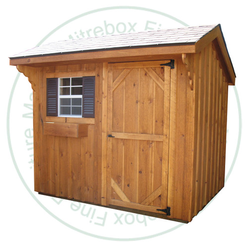 6' Deep x 8' Wide Saltbox Stained Garden Shed. Standard Brown 3 Tab Shingles. 2- 30'' Doors With Lock. Shed Description From The Ground Up. Floor is Built From Treated 2 x 4's On 16'' Centers Topped With 5/8 Plywood. Shed Front Wall Is 80'' High, Back And Side Walls Are 70.5'' High Framed On 24'' Centers And Clad in 1'' Pine Board And Batten. Roof Rafters Are 2 x 4's on 24'' Center And Sheeted with 1/2 Plywood. Roof Shingled With ICO 15 Year Shingles. Inside Shed Height is 95.5'' High. The Stain is Sansin SDF formula - Autumn gold # 16.
