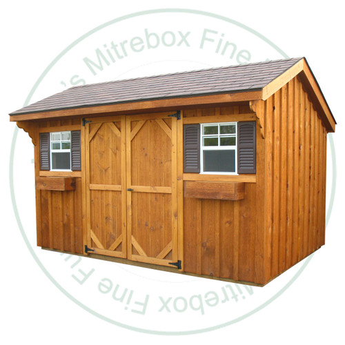 10' Deep x 14' Wide Saltbox Stained Garden Shed. Standard Brown 3 Tab Shingles. 2- 30'' Doors With Lock. 2- 18'' x 24'' Operating Windows With Screens. Shed Description From The Ground Up. Floor is Built From Treated 2 x 4's On 16'' Centers Topped With 5/8 Plywood. Shed Front Wall Is 80'' High, Back And Side Walls Are 70.5'' High Framed On 24'' Centers And Clad in 1'' Pine Board And Batten. Roof Rafters Are 2 x 6's on 24'' Center And Sheeted with 1/2 Plywood. Roof Shingled With ICO 15 Year Shingles. Inside Shed Height is 95.5'' High. The Stain is Sansin SDF formula - Autumn gold # 16.
