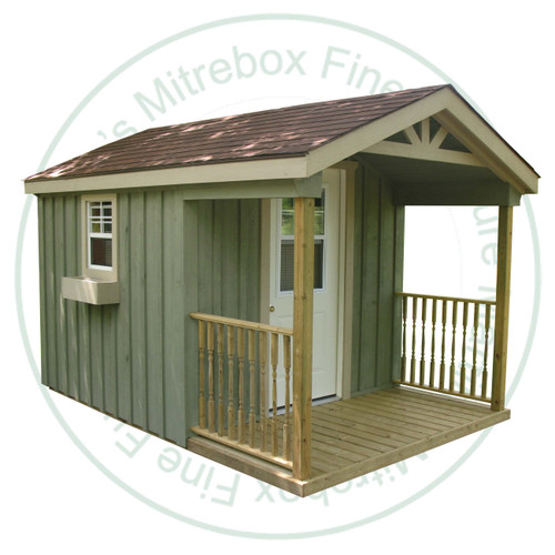 12' Deep x 12' Wide Western Stained Garden Shed. Standard Brown 3 Tab Shingles. 1 - 34'' Right Hung Steel Door With 9 Pane Window. 2 - 18'' x 24'' Operating Windows With Screens. 1 On Each Side Wall. Shed Description From The Ground Up. Floor is Built From Treated 2 x 4's On 16'' Centers Topped With 5/8 Plywood. Shed Front Wall Is 80'' High, Back And Side Walls Are 70.5'' High Framed On 24'' Centers And Clad in 1'' Pine Board And Batten. Roof Rafters Are 2 x 6's on 24'' Center And Sheeted with 1/2 Plywood. Roof Shingled With ICO 15 Year Shingles. Inside Shed Height is 95.5'' High. The Stain is Sansin SDF formula - Autumn gold # 16. 
