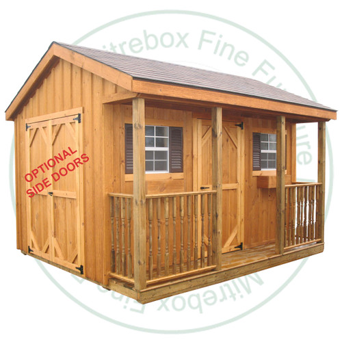 12' Deep x 12' Wide Front Porch Stained Garden Shed. Standard Brown 3 Tab Shingles. 1- 34'' Door With Lock. 2- 18'' x 24'' Operating Windows With Screens.Shed Description From The Ground Up. Floor is Built From Treated 2 x 4's On 16'' Centers Topped With 5/8 Plywood. Shed Walls Are 78'' High Framed On 24'' Centers And Clad in 1'' Pine Board And Batten. Roof Rafters Are 2 x 6's on 24'' Center And Sheeted with 1/2 Plywood. Roof Shingled With ICO 15 Year Shingles. Inside Shed Height is 101'' High. The Stain is Sansin SDF formula - Autumn gold # 16. 
