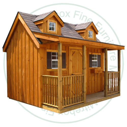 12' Deep x 14' Wide Cape Cod Stained Garden Shed. Standard Brown 3 Tab Shingles. 1- 34'' Door With Lock. 2- 18'' x 24'' Operating Windows With Screens. 2 dormers with fixed 4 pane windows. Shed Description From The Ground Up. Floor is Built From Treated 2 x 4's On 16'' Centers Topped With 5/8 Plywood. Shed Walls Are 80'' High Framed On 24'' Centers And Clad in 1'' Pine Board And Batten. Roof Rafters Are 2 x 6's on 24'' Center And Sheeted with 1/2 Plywood. Roof Shingled With ICO 15 Year Shingles. Inside Shed Height is 118.5'' High. The Stain is Sansin SDF formula - Autumn gold # 16. 

