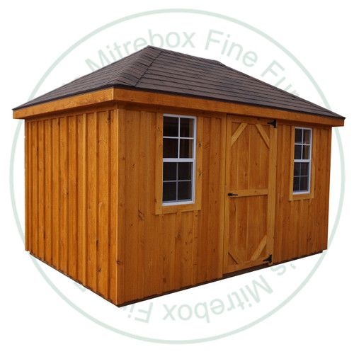 9' Deep x 12' Wide English Cottage Stained Garden Shed. Standard Brown 3 Tab Shingles. 1- 34'' Door With Lock. 2- 18'' x 36'' Operating Windows With Screens. Shed Description From The Ground Up. Floor is Built From Treated 2 x 4's On 16'' Centers Topped With 5/8 Plywood. Shed Walls Are 76.5'' High Framed On 24'' Centers And Clad in 1'' Pine Board And Batten. Roof Rafters Are 2 x 4's on 24'' Center And Sheeted with 1/2 Plywood. Roof Shingled With ICO 15 Year Shingles. Inside Shed Height is 108'' High. The Stain is Sansin SDF formula - Autumn gold # 16. 
