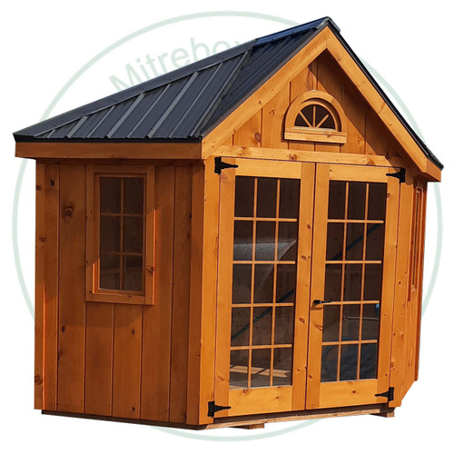 10 Foot 5 Side Cabana Stained And Assembled On Site. Standard Brown 3 Tab Shingles. 2- 30'' Doors With Lock 2- 18'' x 36'' Fixed Wood Windows. Shed Description From The Ground Up. Floor is Built From Treated 2 x 4's On 16'' Centers Topped With 5/8 Plywood. Shed Walls Are 76.5'' High Framed On 24'' Centers And Clad in 1'' Pine Board And Batten. Roof Rafters Are 2 x 4's on 24'' Center And Sheeted with 1/2 Plywood. Roof Shingled With ICO 15 Year Shingles. Inside Shed Height is 108'' High. The Stain is Sansin SDF formula - Autumn gold # 16.  
