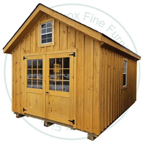 12' Wide x 12' Deep Chalet Stained Garden Shed. Standard Brown 3 Tab Shingles. Shed has 2 - 30'' French Doors and 2 - 18'' x 36'' Operating Windows. 1 - 12'' x 14'' Window in Gable. Shed Description From The Ground Up. Floor is Built From Treated 2 x 4's On 16'' Centers Topped With 5/8 Plywood. Shed Walls Are 76.5'' High Framed On 24'' Centers And Clad in 1'' Pine Board And Batten. Roof Rafters Are 2 x 6's on 24'' Center And Sheeted with 1/2 Plywood. Roof Shingled With ICO 15 Year Shingles. Inside Shed Height is 108'' High. The Stain is Sansin SDF formula - Autumn gold # 16. 
