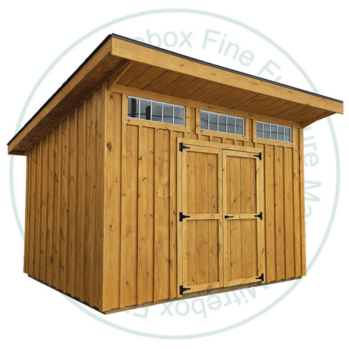 10' Deep x 10' Wide Studio Stained Garden Shed. Standard Brown 3 Tab Shingles. Storage Shed Has 2- 30'' Doors With Lock. 3 - Transom Windows Over Double Doors. Shed Description From The Ground Up. Floor is Built From Treated 2 x 4's On 16'' Centers Topped With 5/8 Plywood. Shed Front Wall Is 95.5'' High, Back And Side Walls Are 76.5'' High Framed On 24'' Centers And Clad in 1'' Pine Board And Batten. Roof Rafters Are 2 x 6's on 24'' Center And Sheeted with 1/2 Plywood. Roof Shingled With ICO 15 Year Shingles. Inside Shed Height is 95.5'' High. The Stain is Sansin SDF formula - Autumn gold # 16.
