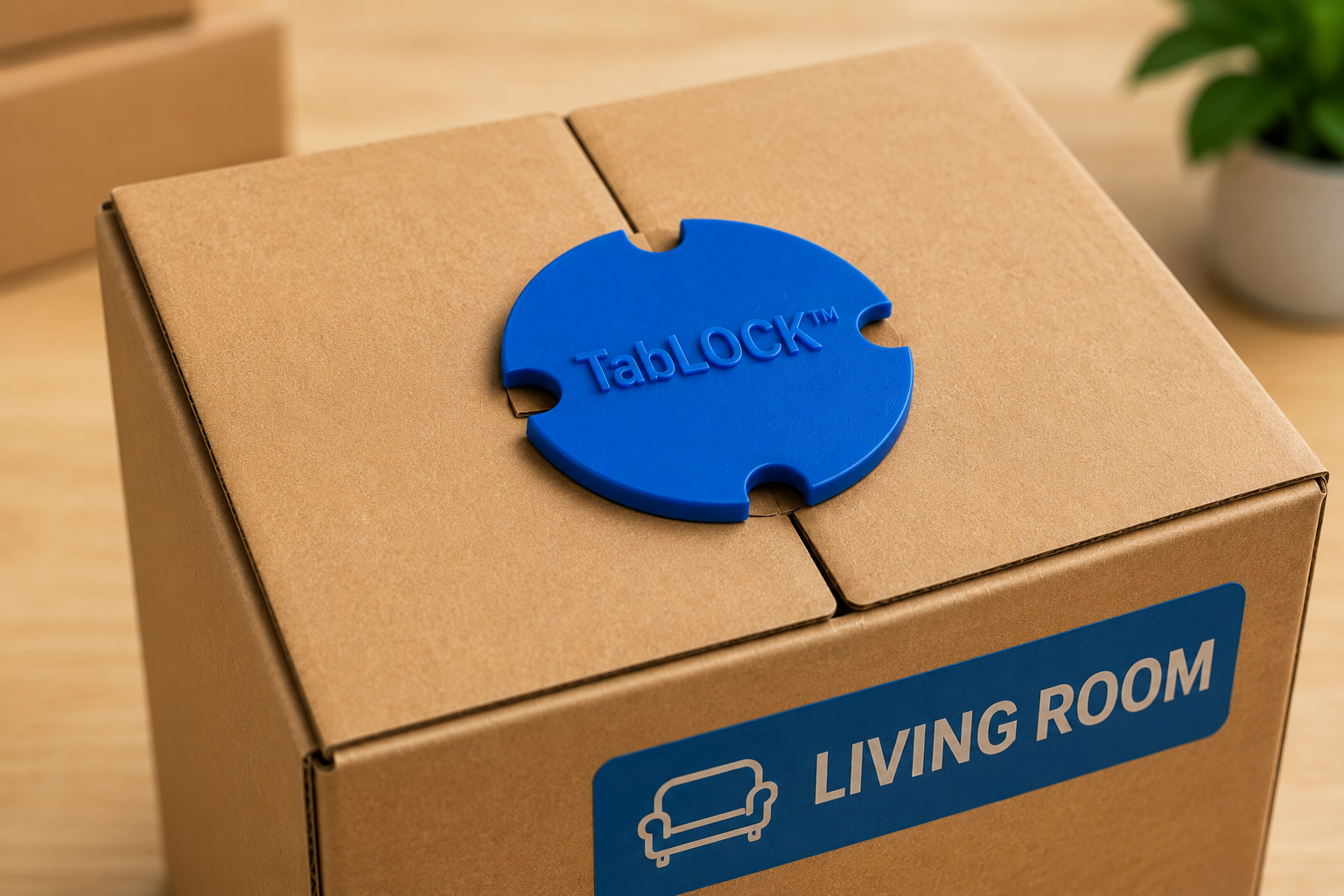 Blue TabLOCK securing the top flaps of a corrugated box