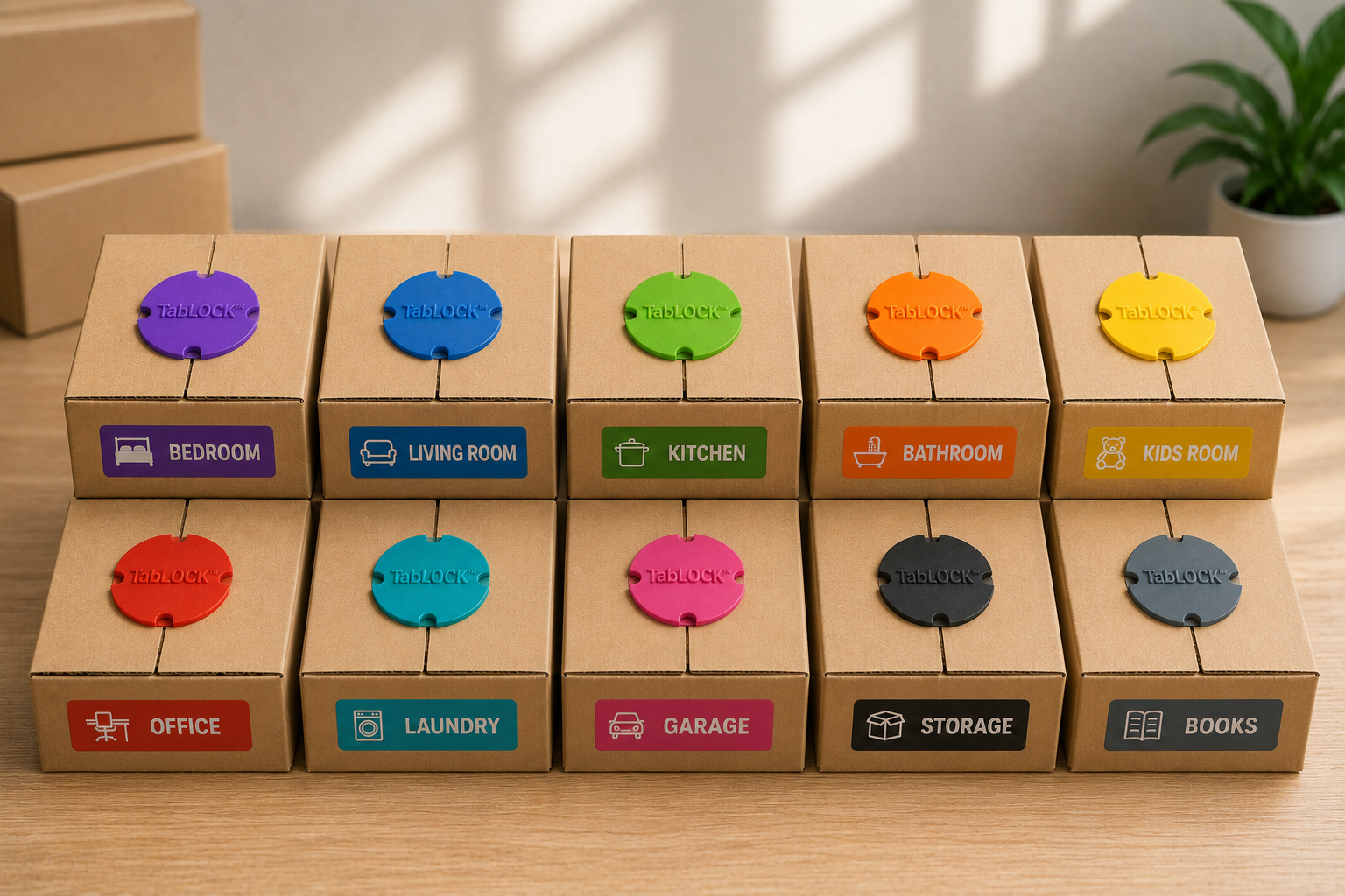 Multiple colored TabLOCK closures organizing labeled storage boxes