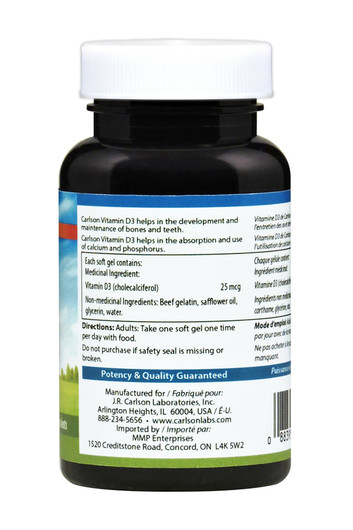 Carlson Vitamin D3 1000 IU 100 Softgels label