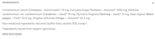 Biofloral Turmeric Oriental Elixir ingredients