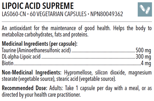 Designs for Health Lipoic Acid Supreme 60 Capsules Table