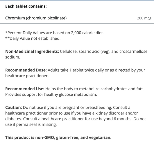 Metagenics Chromium Picolinate ingredients