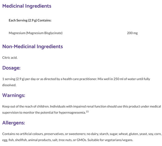 Bioclinic Naturals Magnesium Bisglycinate Powder Ingredients