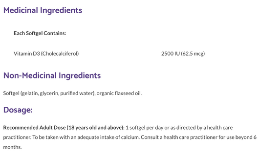 Bioclinic Naturals Vitamin D3 - 2500  Ingredients