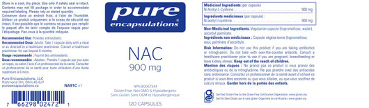 Pure Encapsulations NAC (N Acetyl-l-Cysteine) 900 mg - 120 Veg Capsules ingredients