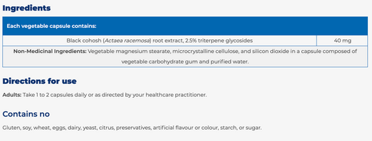 NFH Black Cohosh Ingredients