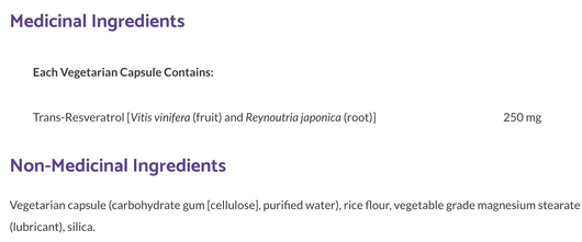 Bioclinic Naturals Resveratrol Ingredients
