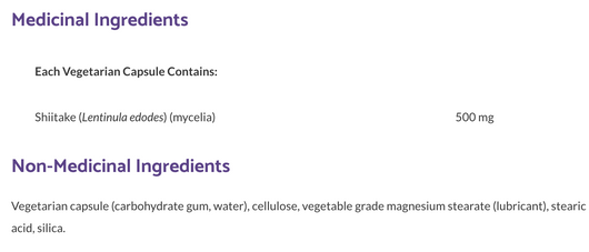 Bioclinic Naturals Shiitake Ingredients
